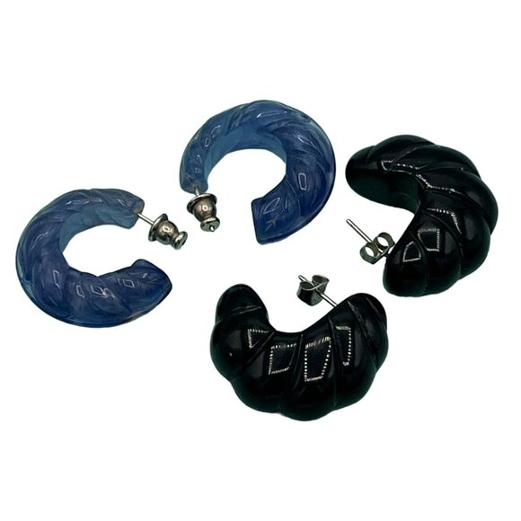 Vintage Chunky Blue & Black Acrylic Hoop Earrings 2 Pair - Picture 1 of 13